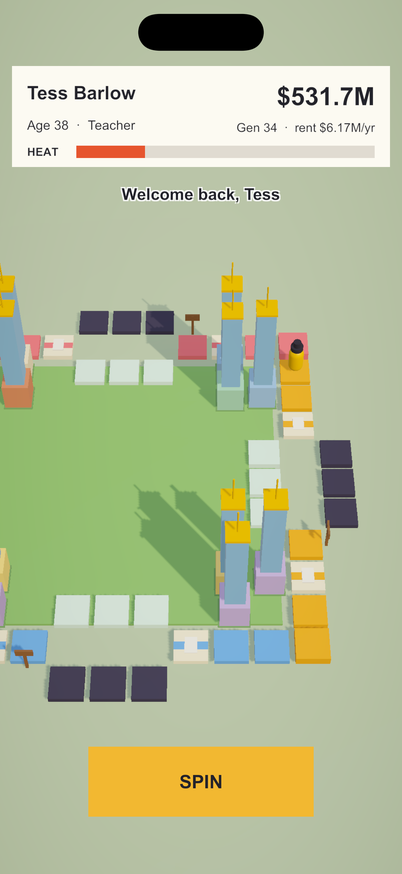 A three-dimensional town with towers, surrounded by a road of coloured tiles